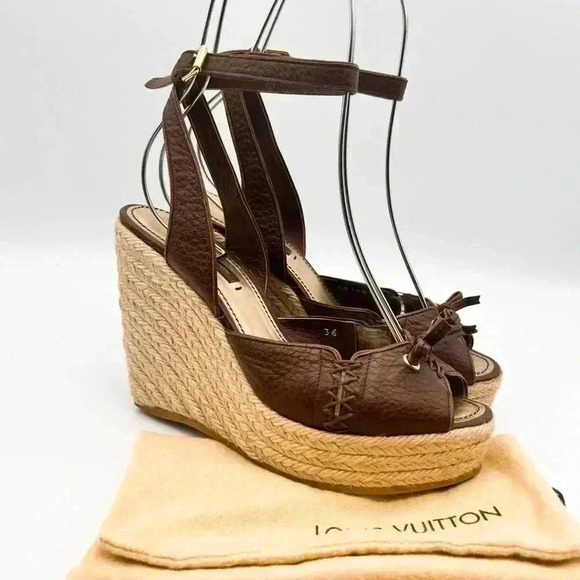 Louis Vuitton Manyara Women’s Size 36 Brown Leather Wedge Espadrille Sandals - Picture 2 of 15